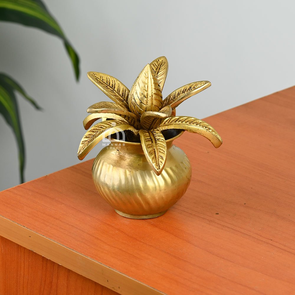 Traditional Brass Kalash with Sacred Leaves Design for Pooja
