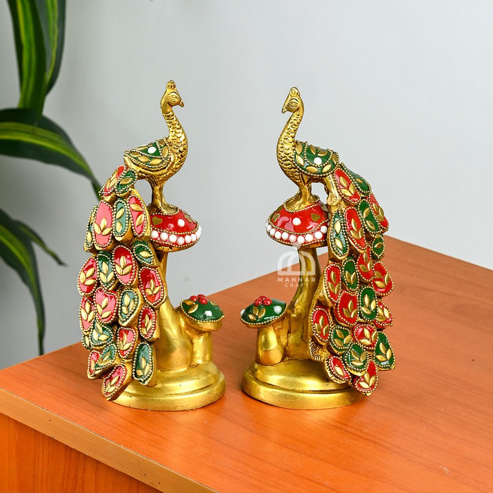 Pair Of Brass Peacock Statue With Stones  – Elegant Decorative Peacock Showpiece