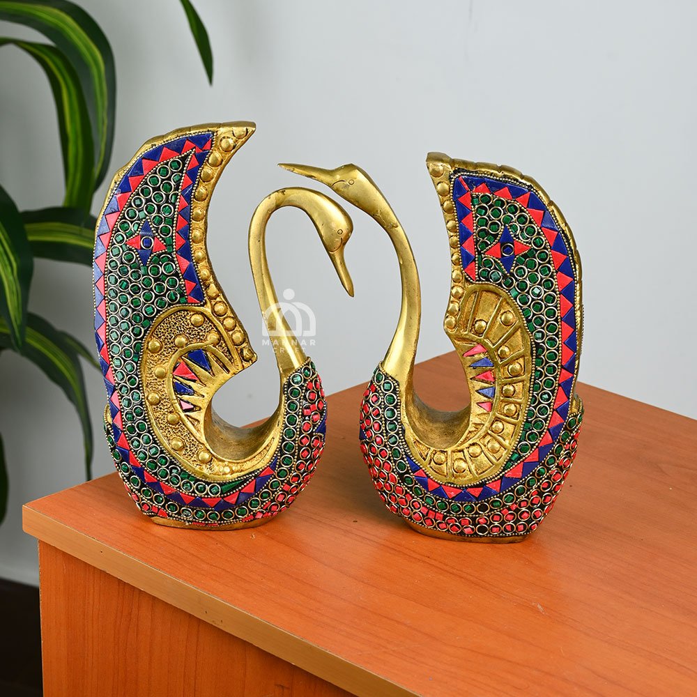 Pair of Brass Swan with Colour Stones – Traditional Decorative Statue