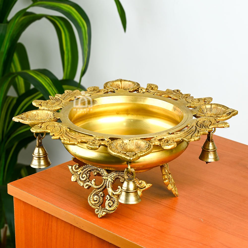 Peacock Brass Urli with Bells – Decorative 4 Wick Pooja Urli