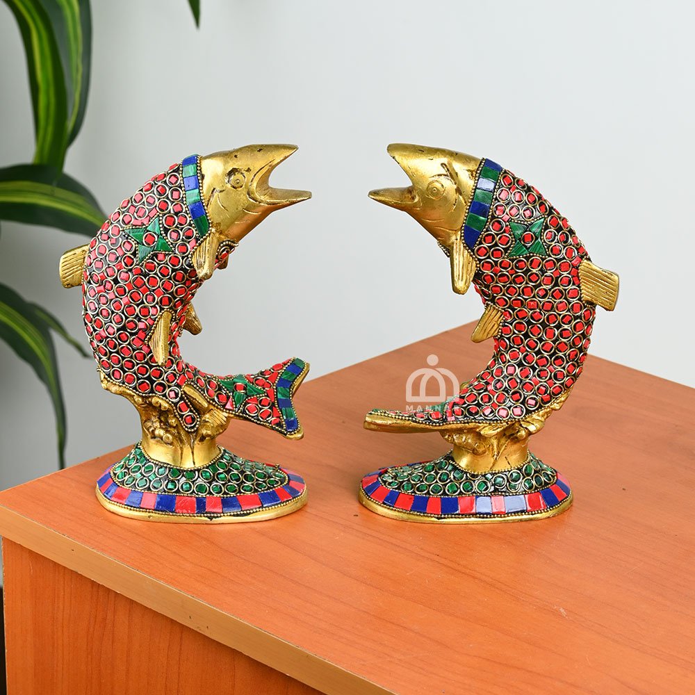 Brass Fish Figurines Pair with Stones – Miniature Brass Décor