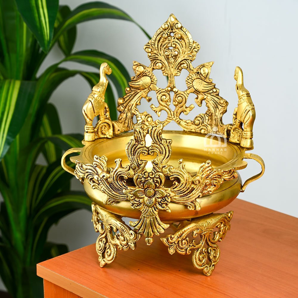 Traditional Brass Urli Bowl with Elephant & Peacock Design Decor
