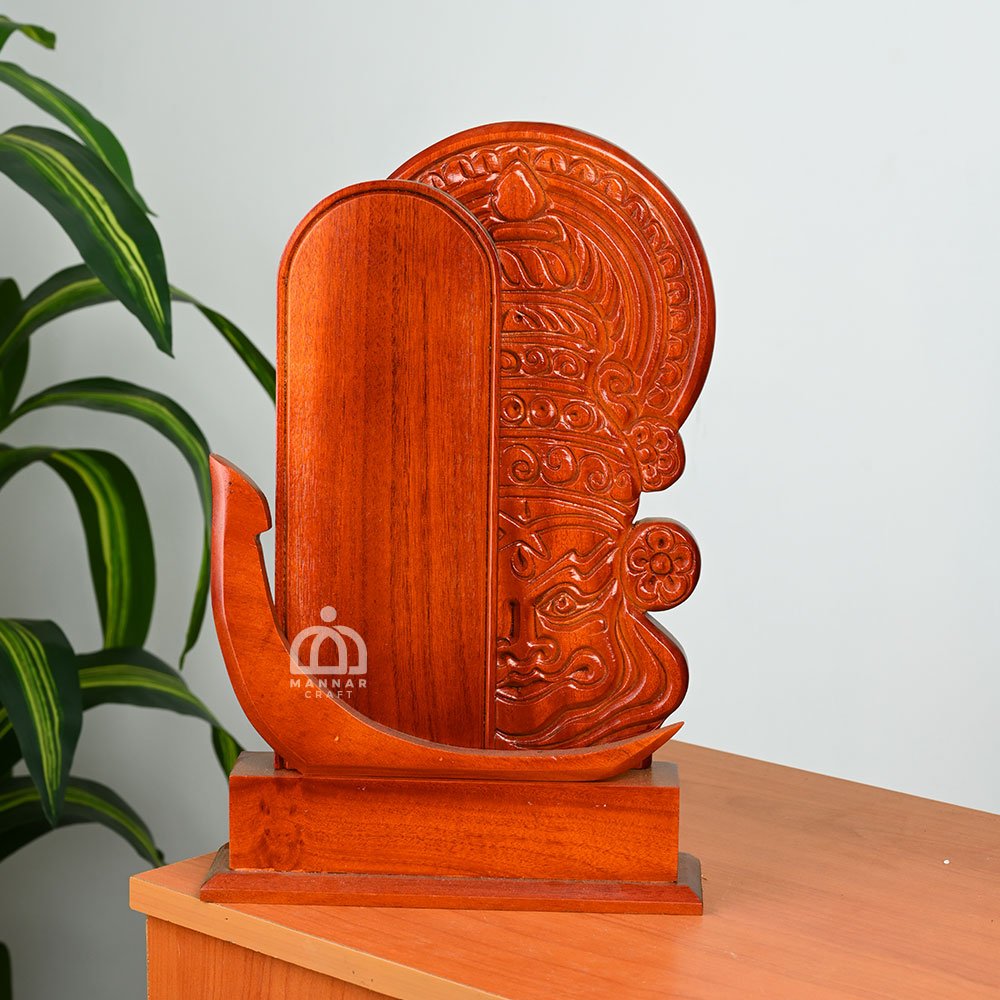 Premium Mahogany Wood Kathakali Memento – 40 cm Handcrafted Half-Face Wooden Sculpture | Kerala Cultural Decor & Award Gift by Mannar Craft