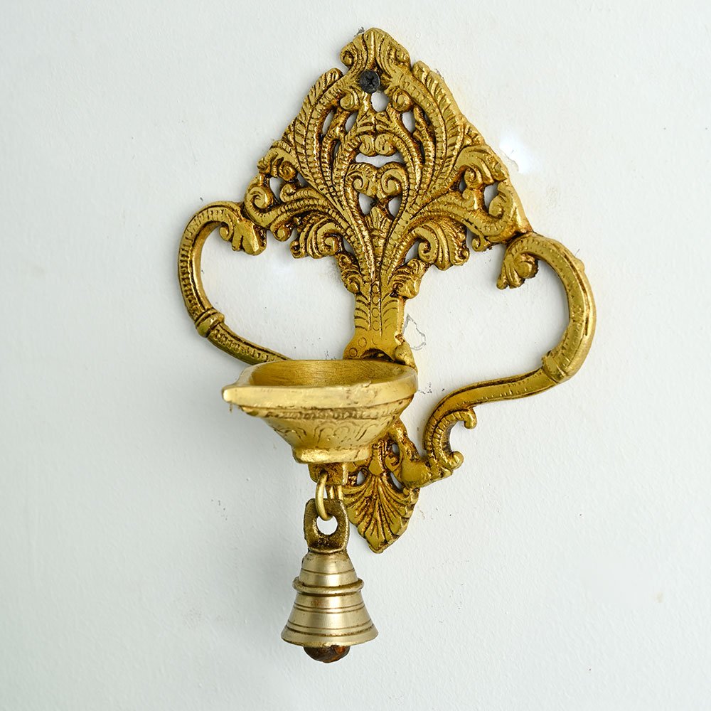 Brass Wall Hanging Diya with Bell – Traditional Pooja Lamp Decor