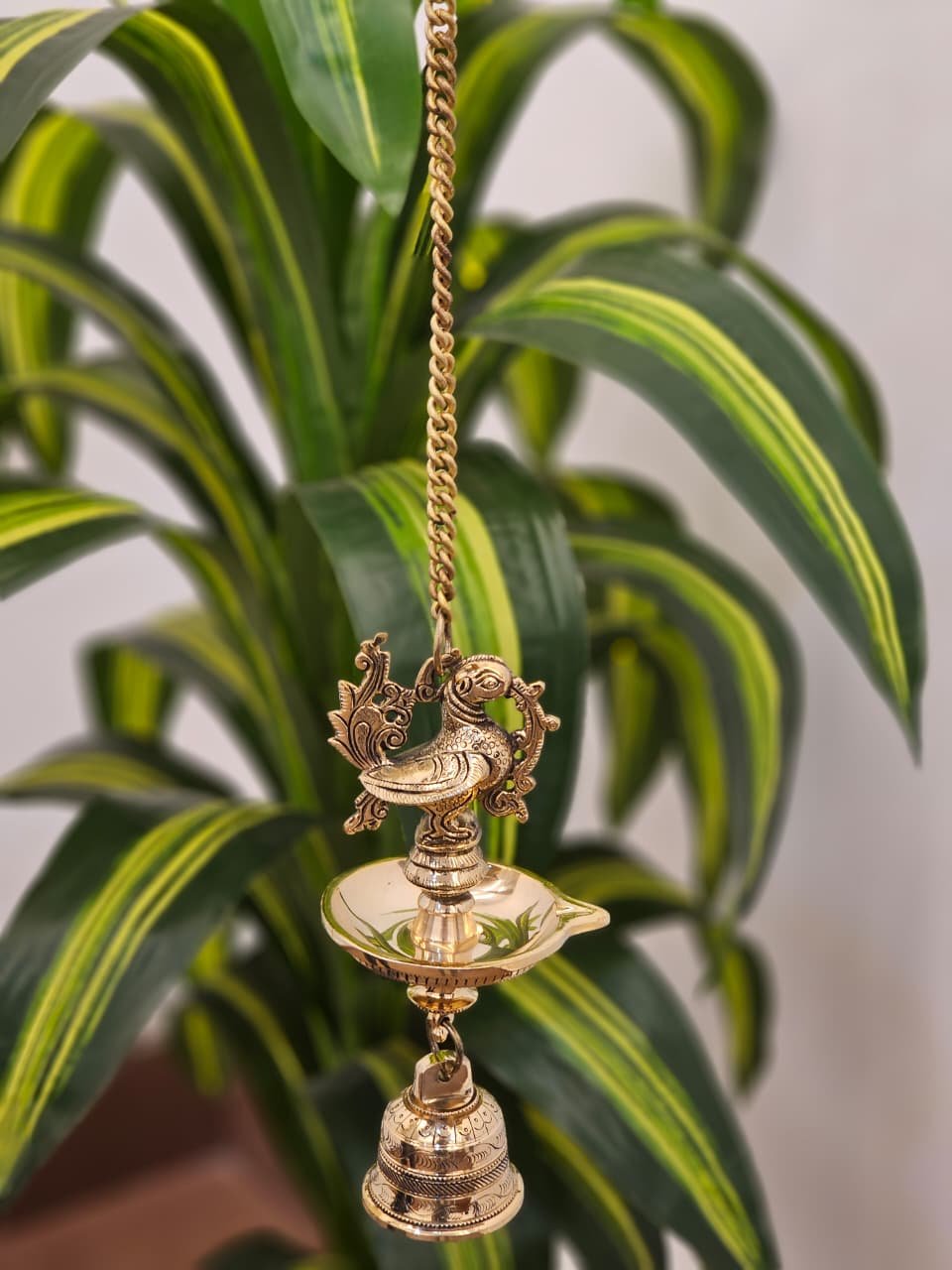 Mannar Craft Brass Peacock Hanging Diya with Bell – Traditional Single Wick Oil Lamp for Pooja, Temple Decoration & Home Decor
