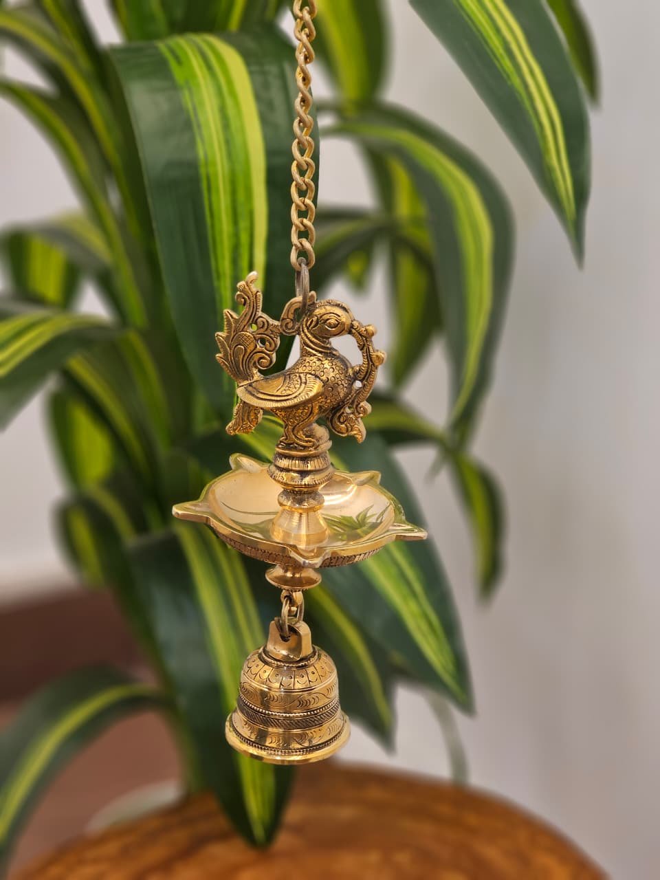 Mannar Craft Brass Peacock Hanging Diya with Bell | 5 Wick Lamp
