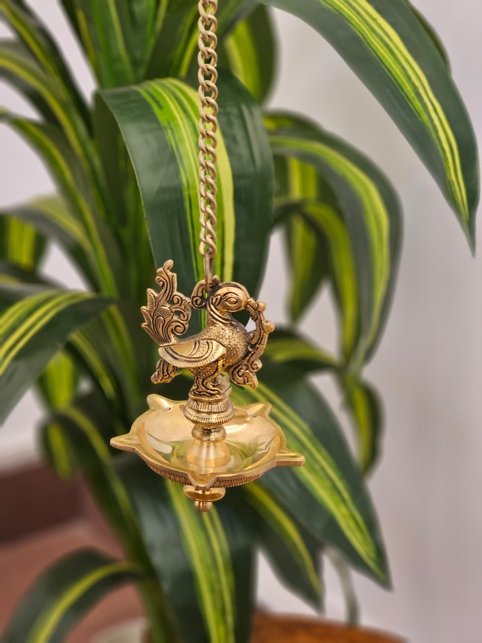 Brass Peacock Hanging Diya with 5 Wicks – Traditional Lamp