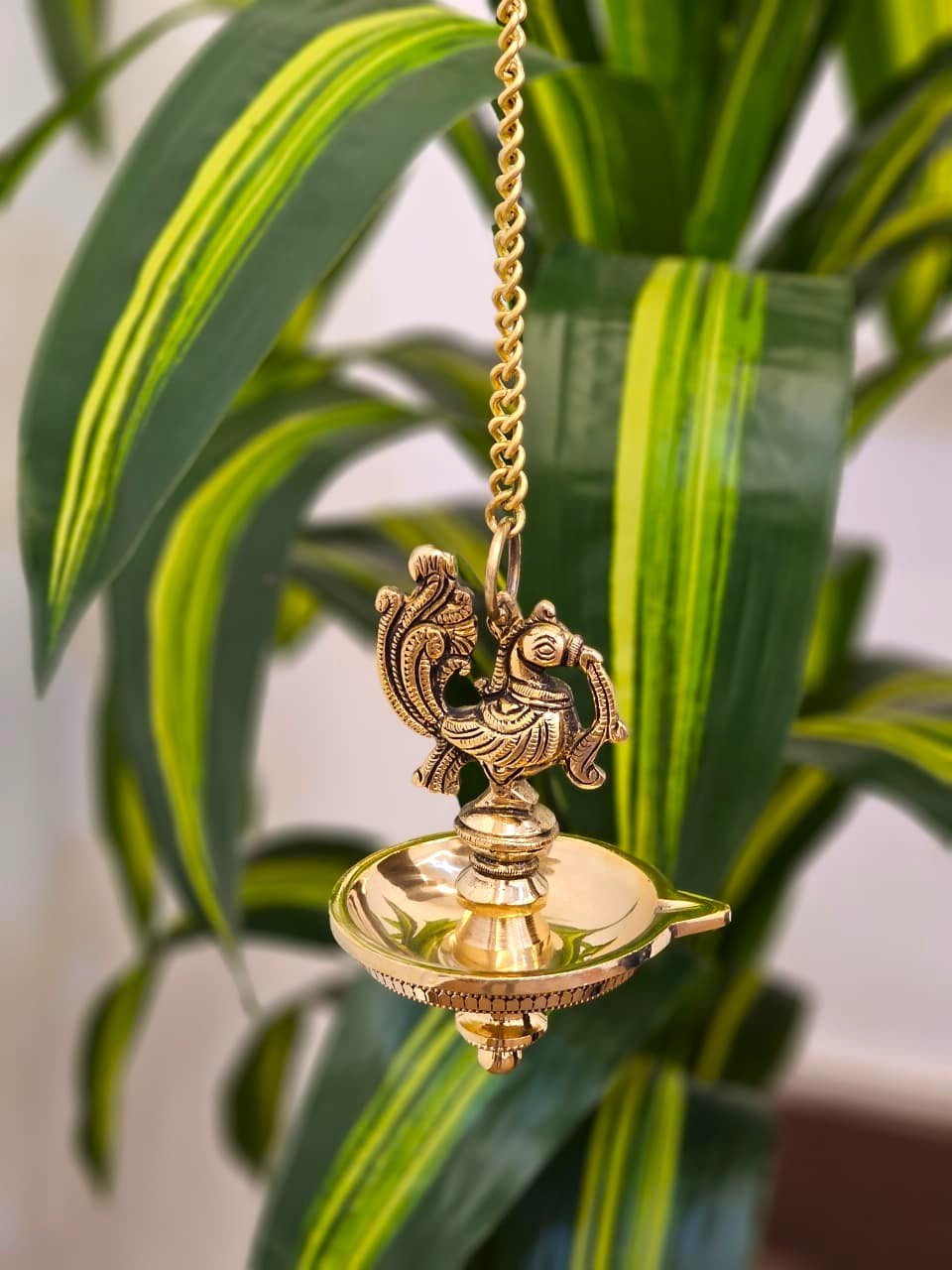 Mannar Craft Brass Peacock Hanging Diya – Lightweight Single Wick Lamp