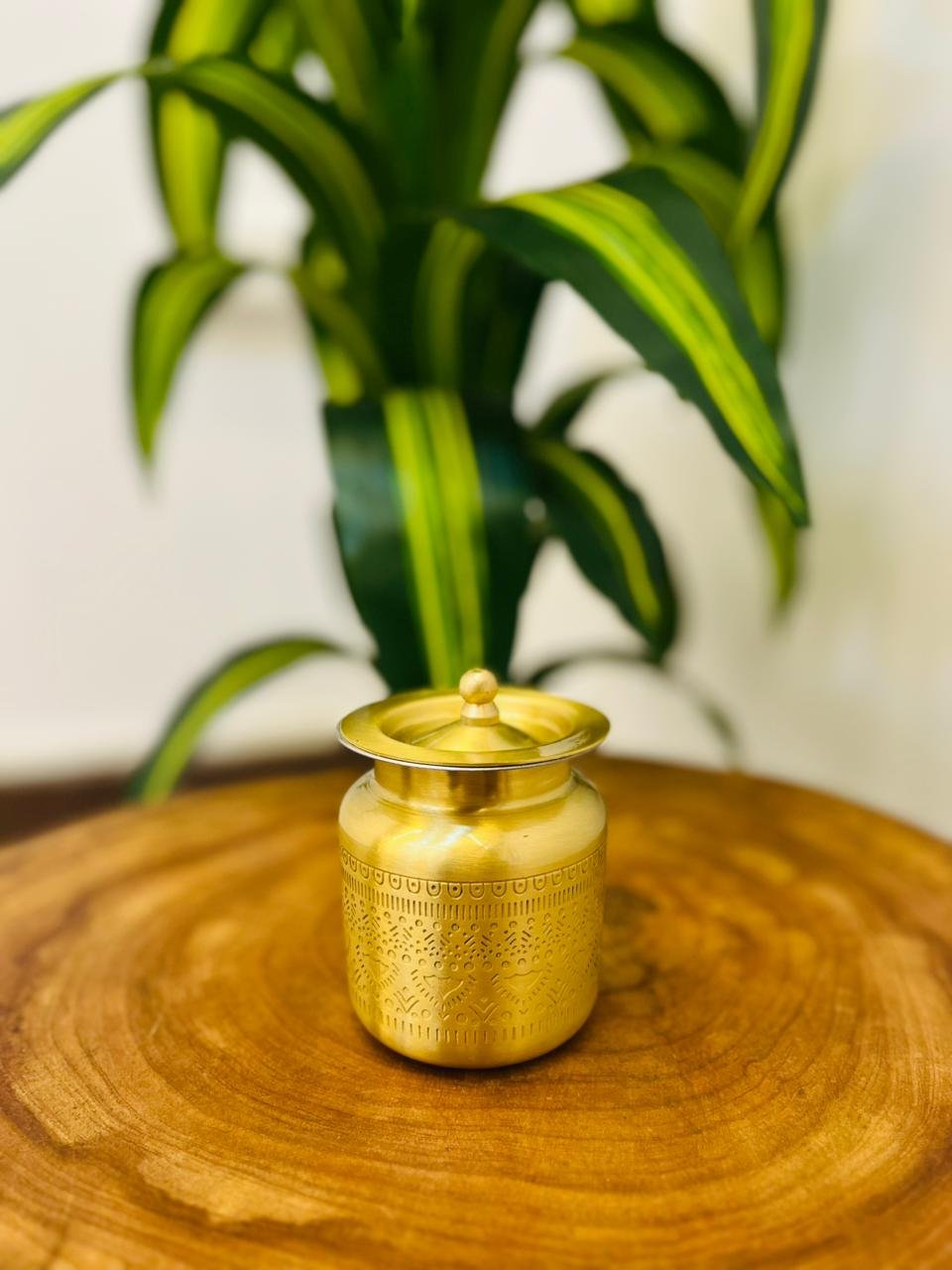 Brass Storage Jar with Lid & Spoon – Etched Ghee Pot