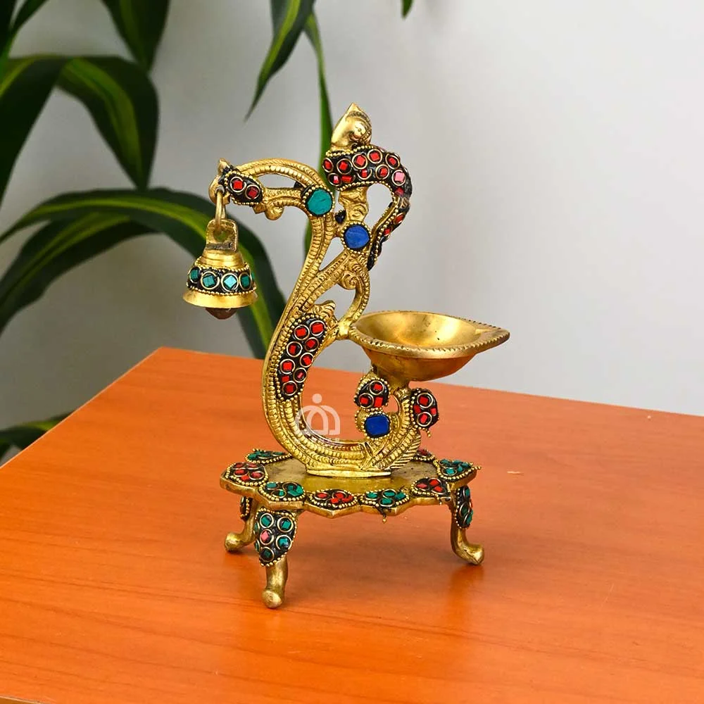 Brass Peacock Diya with Bell & Stand – Designer Pooja Oil Lamp