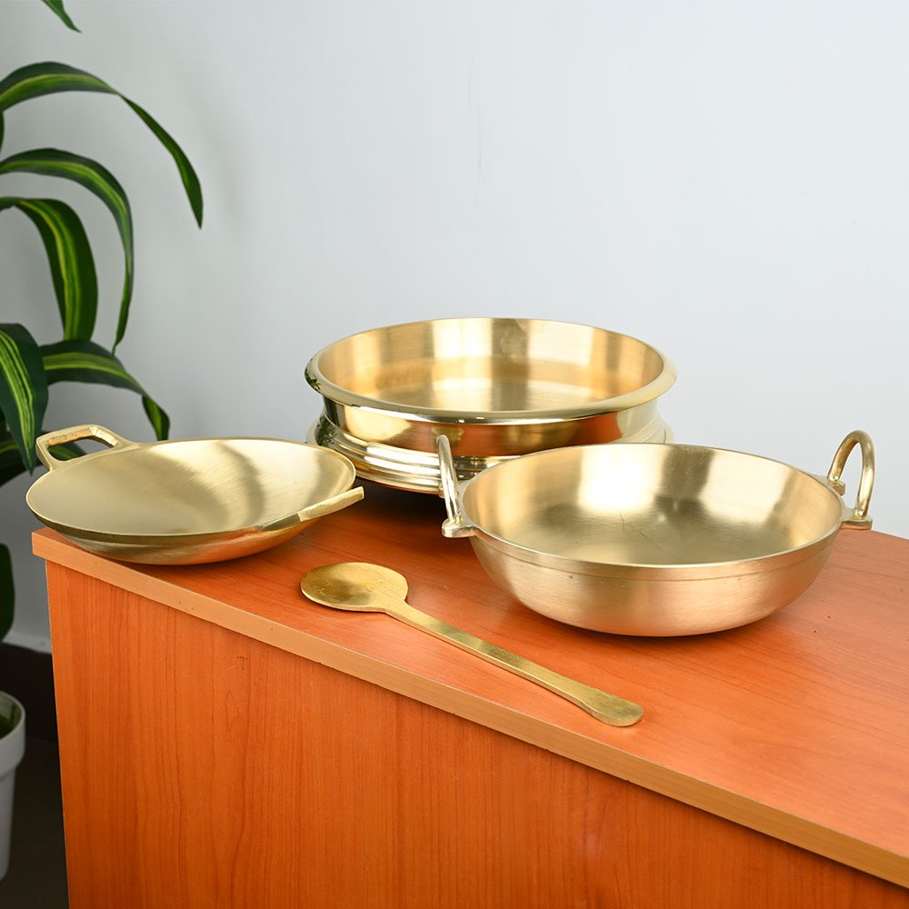 Handcrafted Bronze Combo Utensils – Polished Uruli with Chattukam, Bronze Appachatty &  Kadai