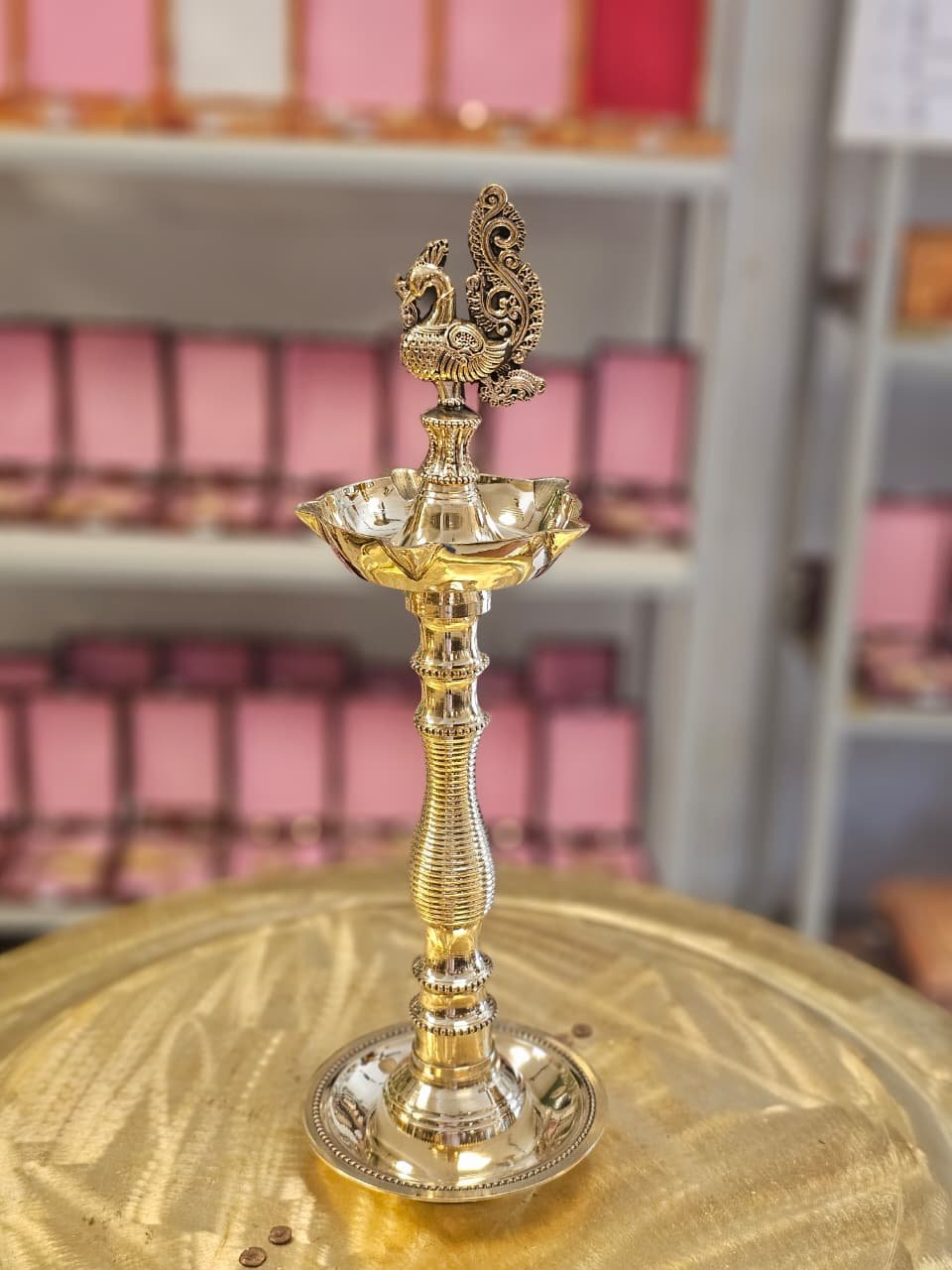 Five Wick Peacock Diya – Traditional Brass Oil Lamp for Pooja
