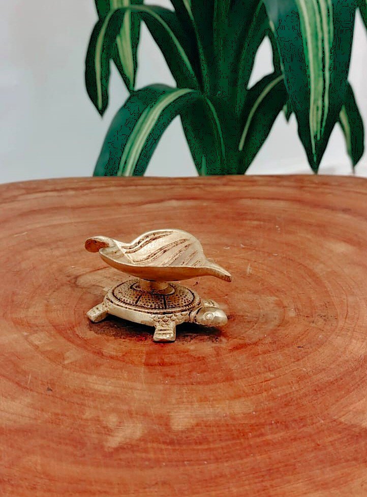 Brass Tortoise Diya with Leaf Oil Holder – Traditional Lamp