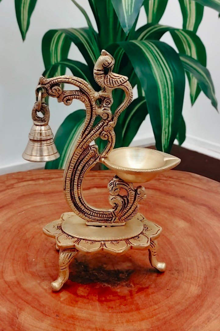Brass Peacock Diya with Bell – Traditional Pooja Oil Lamp