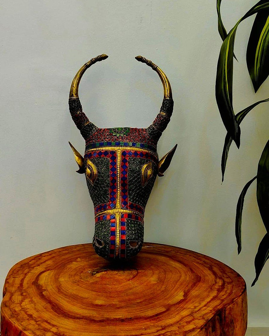 Brass Bull Head with Colour Stones – Handmade Decorative Art