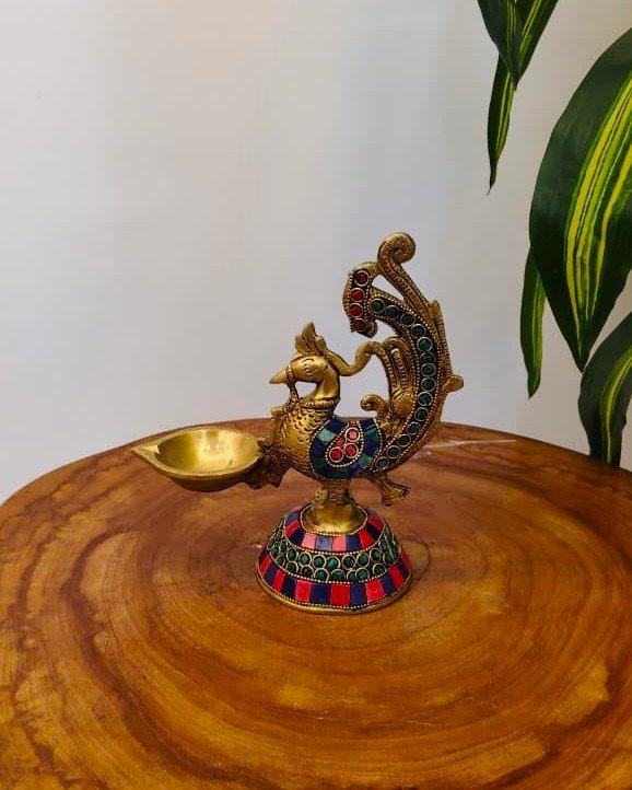 Decorative Brass Peacock Diya with Stone Work for Pooja & Decor