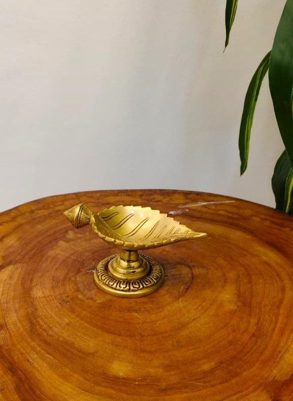 Handcrafted Brass Leaf Diya with Decorative Stand
