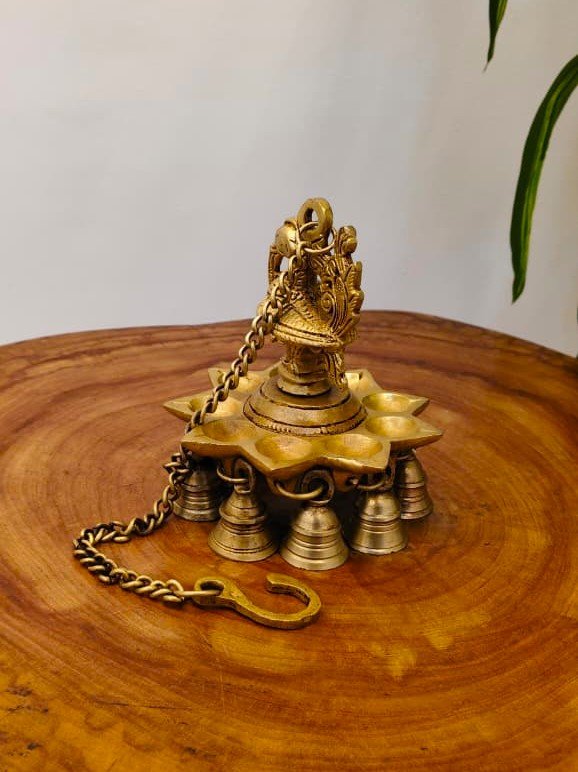 Brass Peacock Hanging Oil Lamp with Chain – 9 Wicks Diya