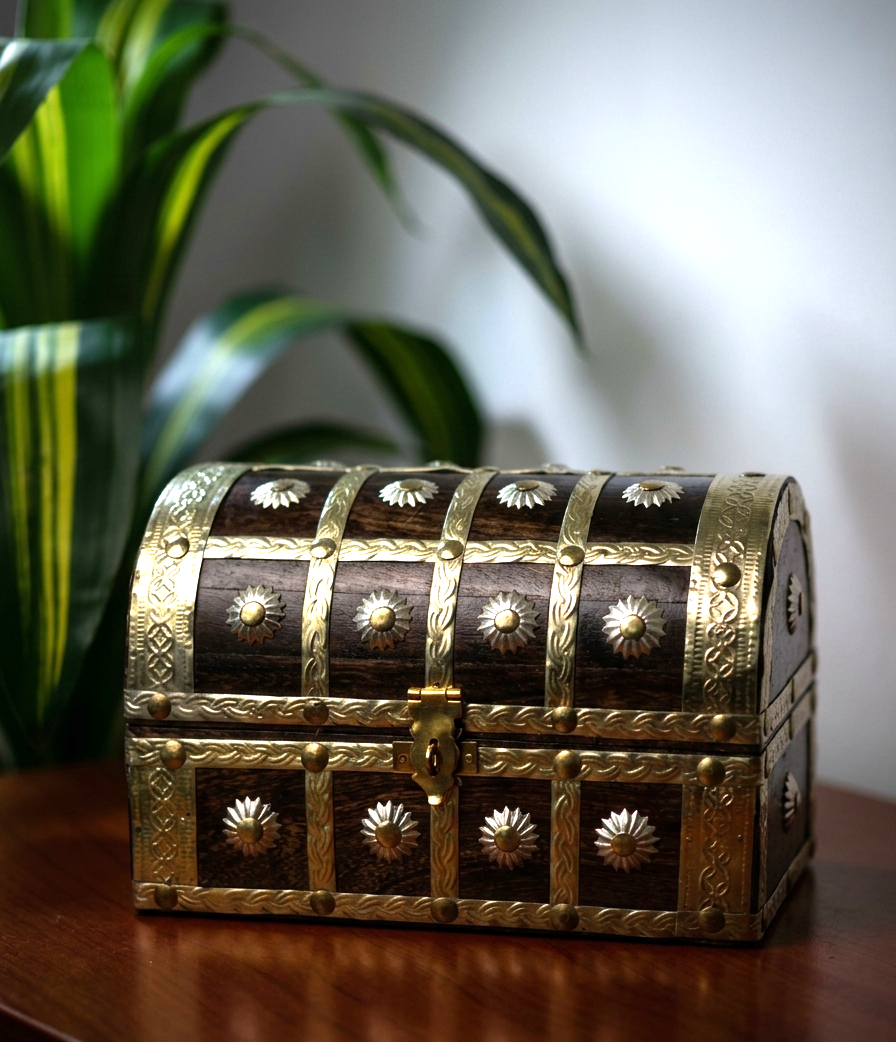 Wooden Jewelry Box Treasure Chest Design Vintage Storage Case