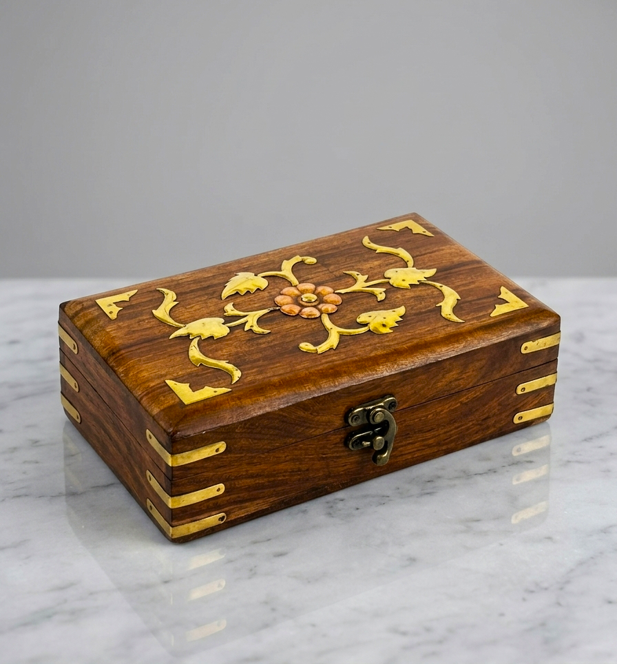 Antique Rosewood Jewellery Box with Intricate Brass Inlay