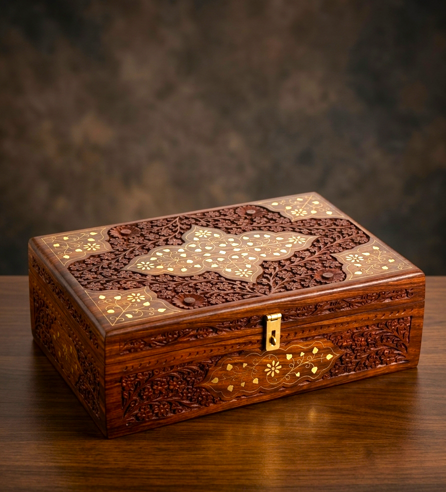 Wooden Carved Jewelry Box – Handcrafted Decorative Storage Box