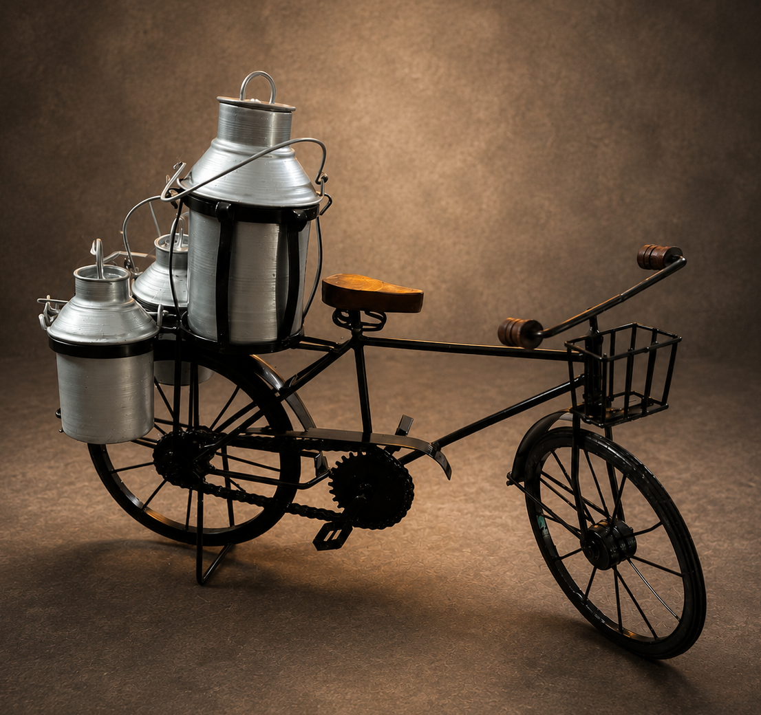 Vintage Metal Bicycle Showpiece with Milk Cans for Home Décor