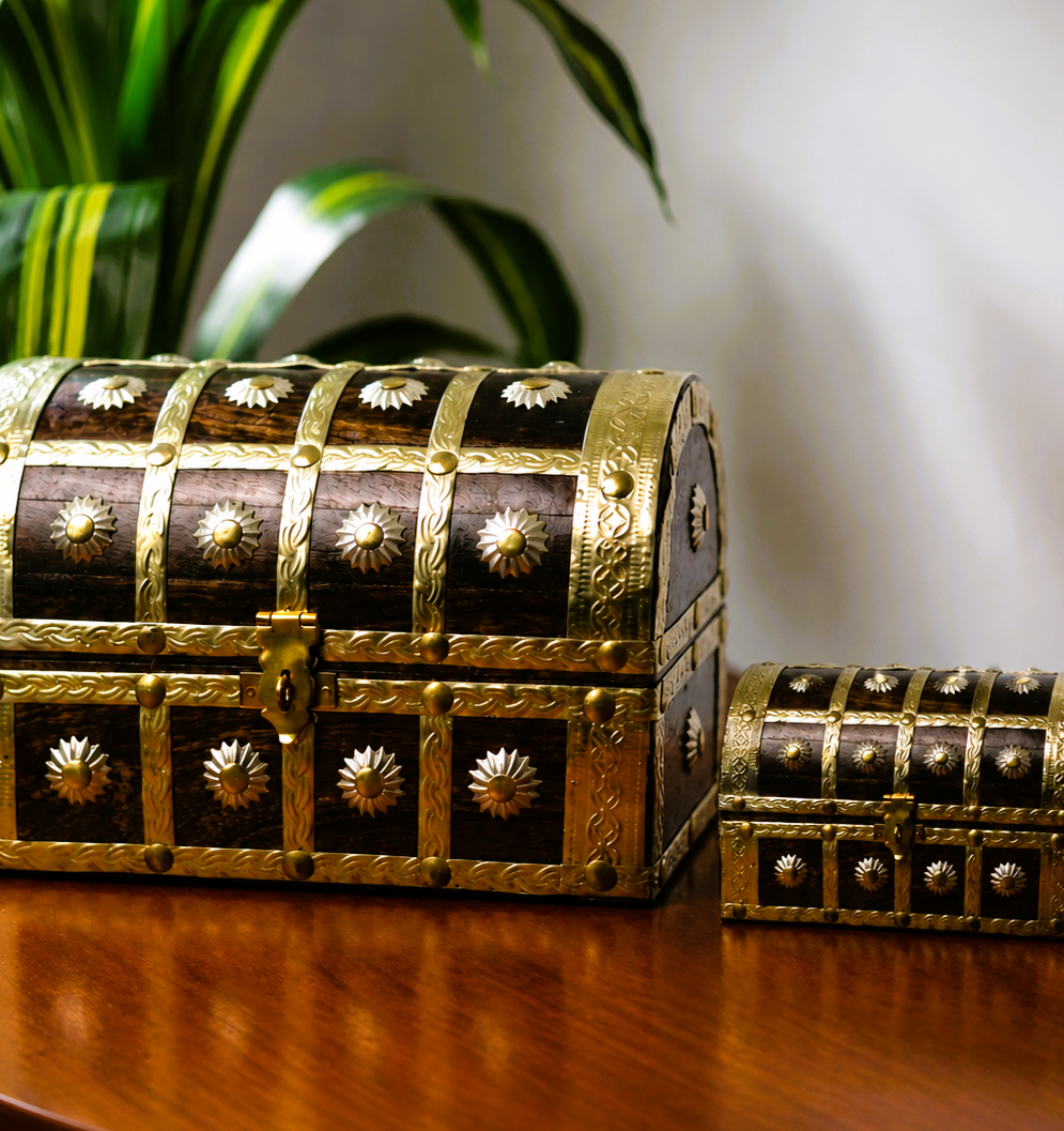Wooden Jewelry Box Vintage Treasure Chest Storage Case Combo