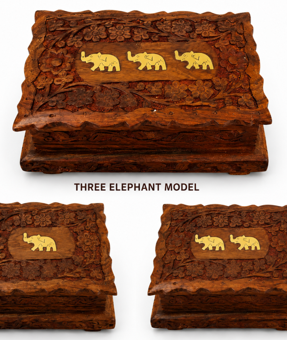 Wooden Jewelry Box with Elephant Design – Handcrafted Storage Box