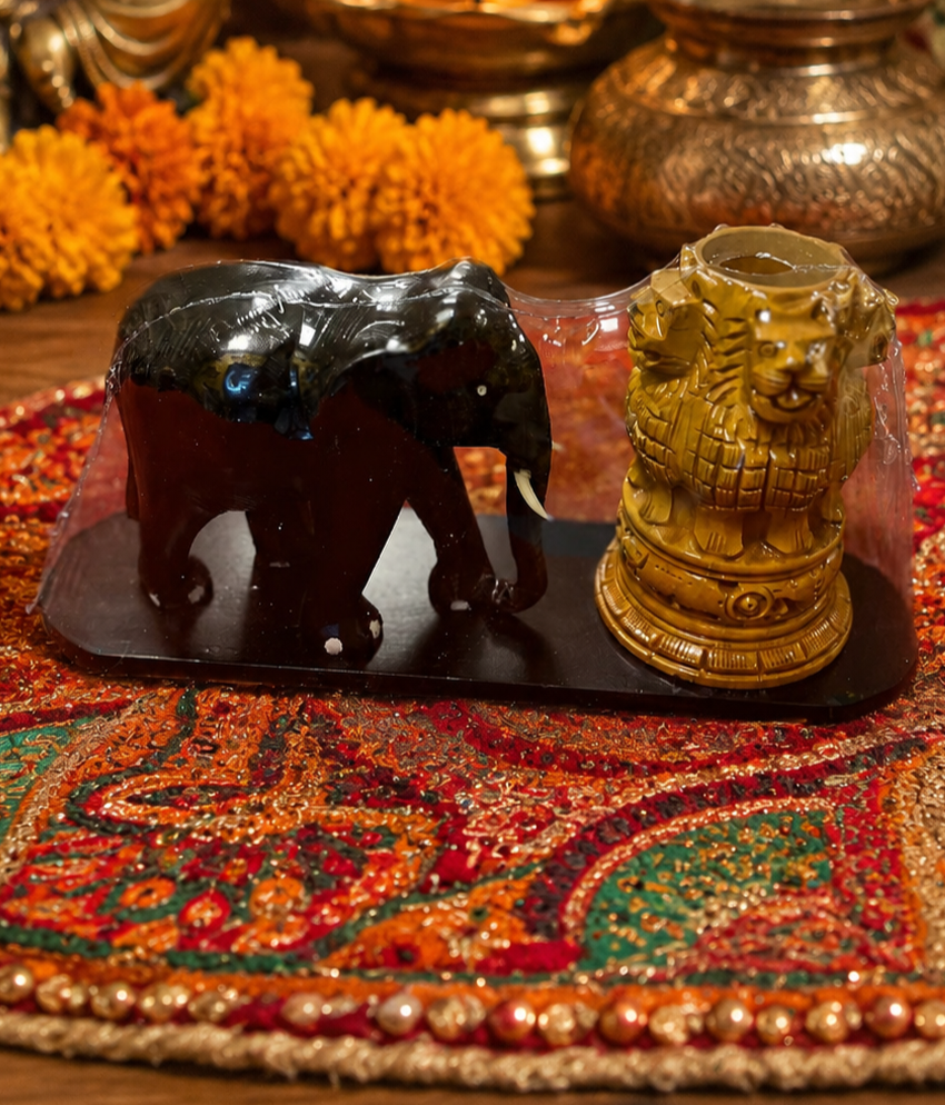Wooden Elephant Pen Holder with Ashoka Pillar | Handmade Desk Organizer