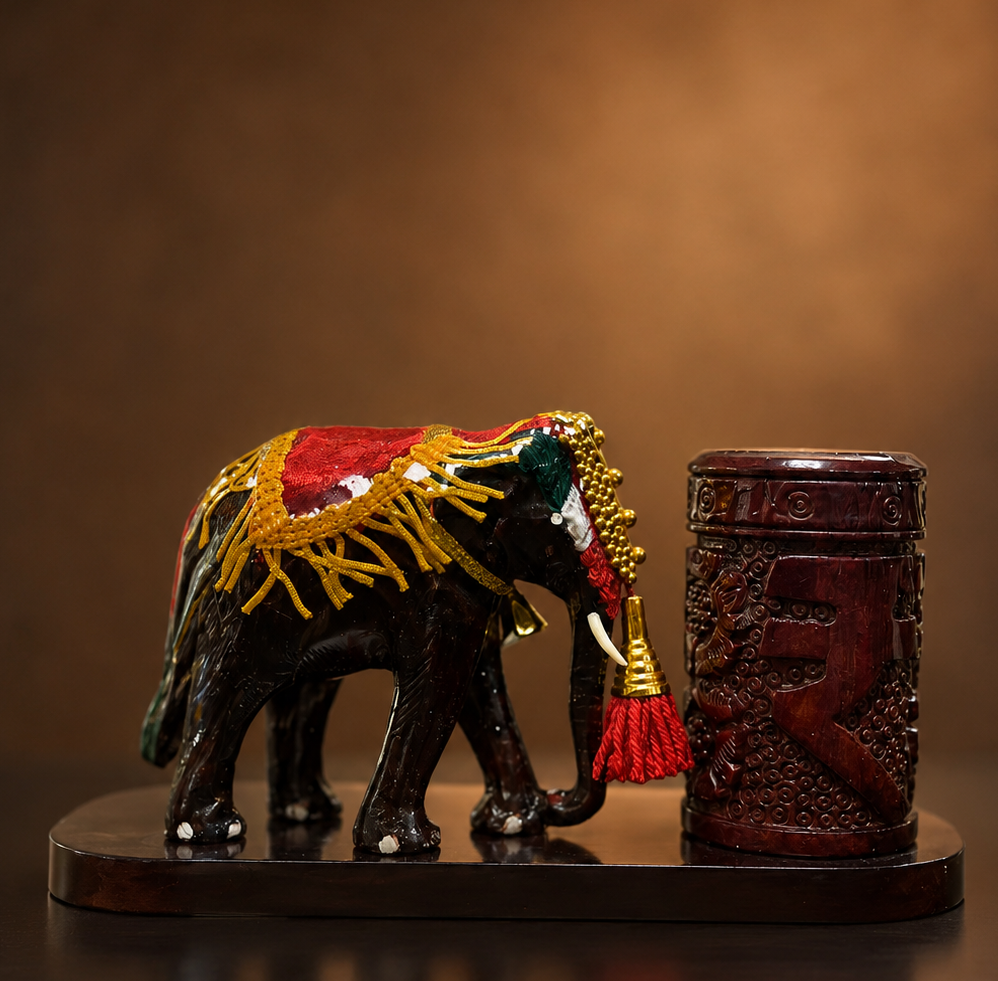 Pooram Elephant Pen Holder – Traditional Kerala Desk Organizer