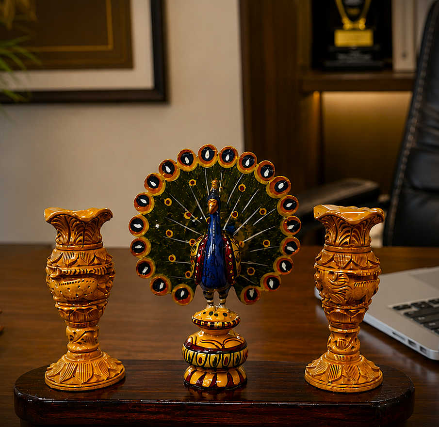 Peacock Pen Holder – Handmade Brass Desk Organizer for Office