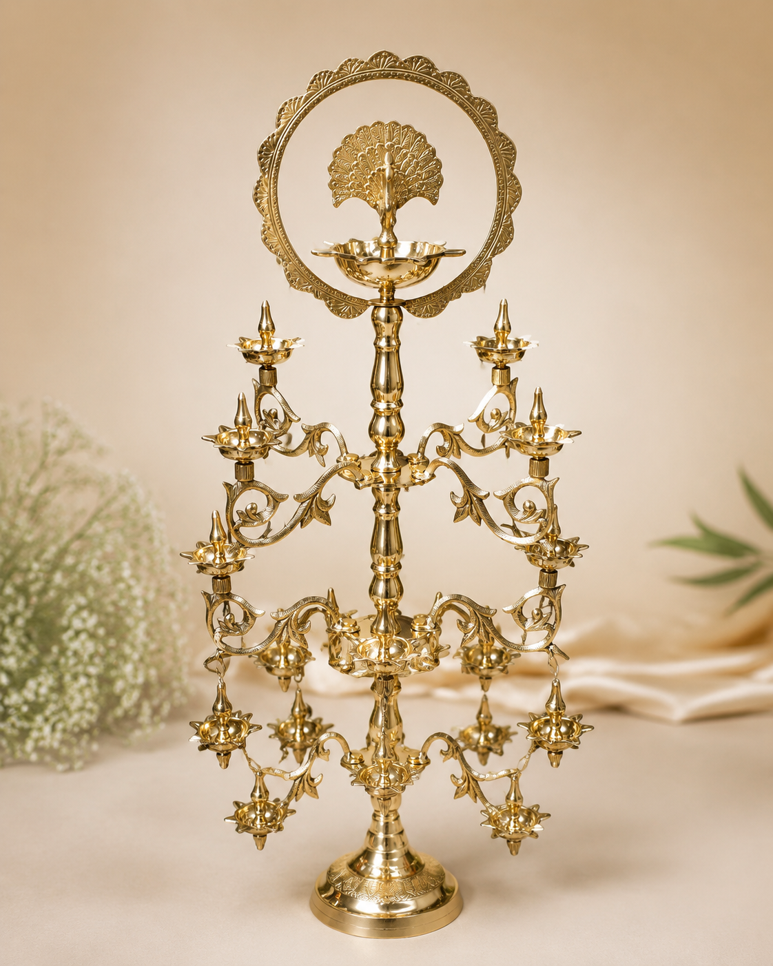 Brass Peacock Decorative Lamp – Traditional Multi-Tier Deepam for Temples, Weddings & Home Decor - Medium