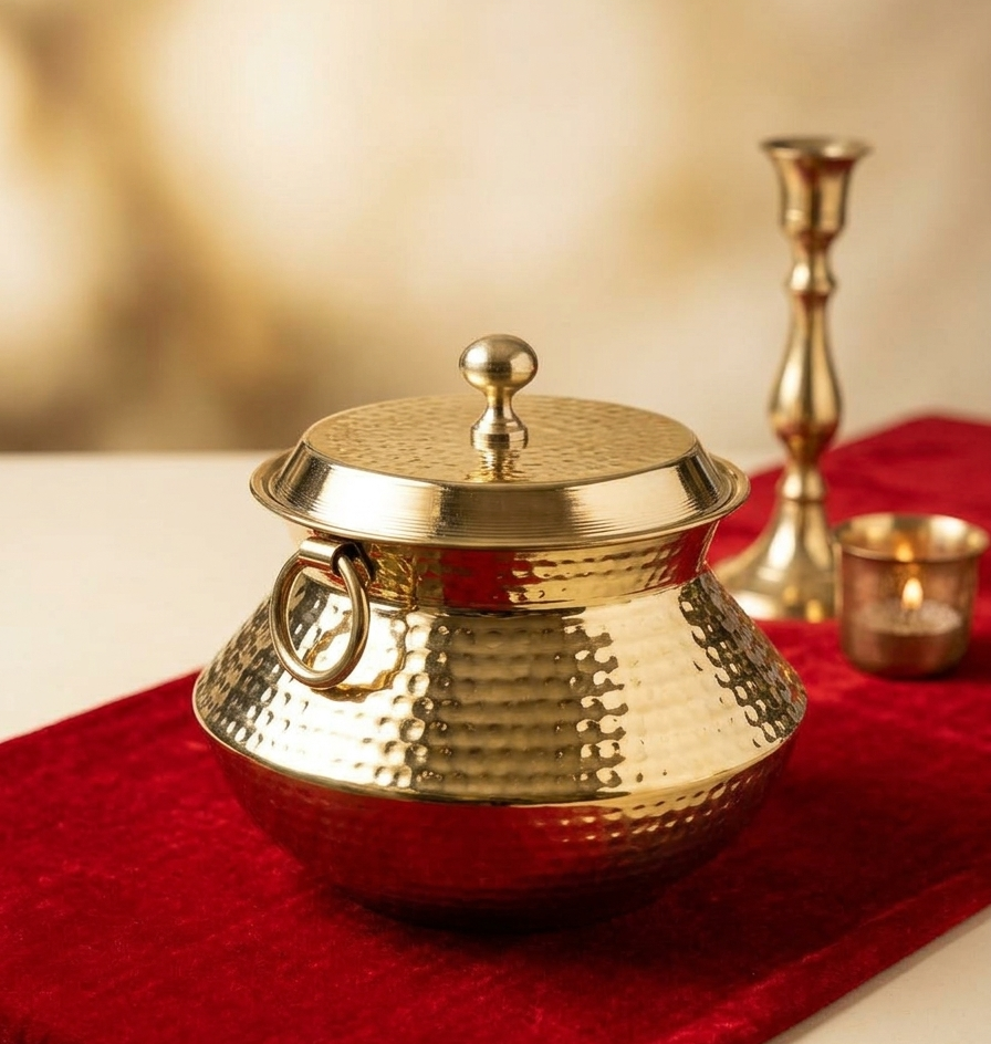 Traditional Brass Cooking Pot | Hammered Gold Finish