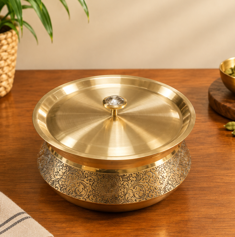 Pure Brass Handi with Lid – Fully Designed Traditional Brass Vessel