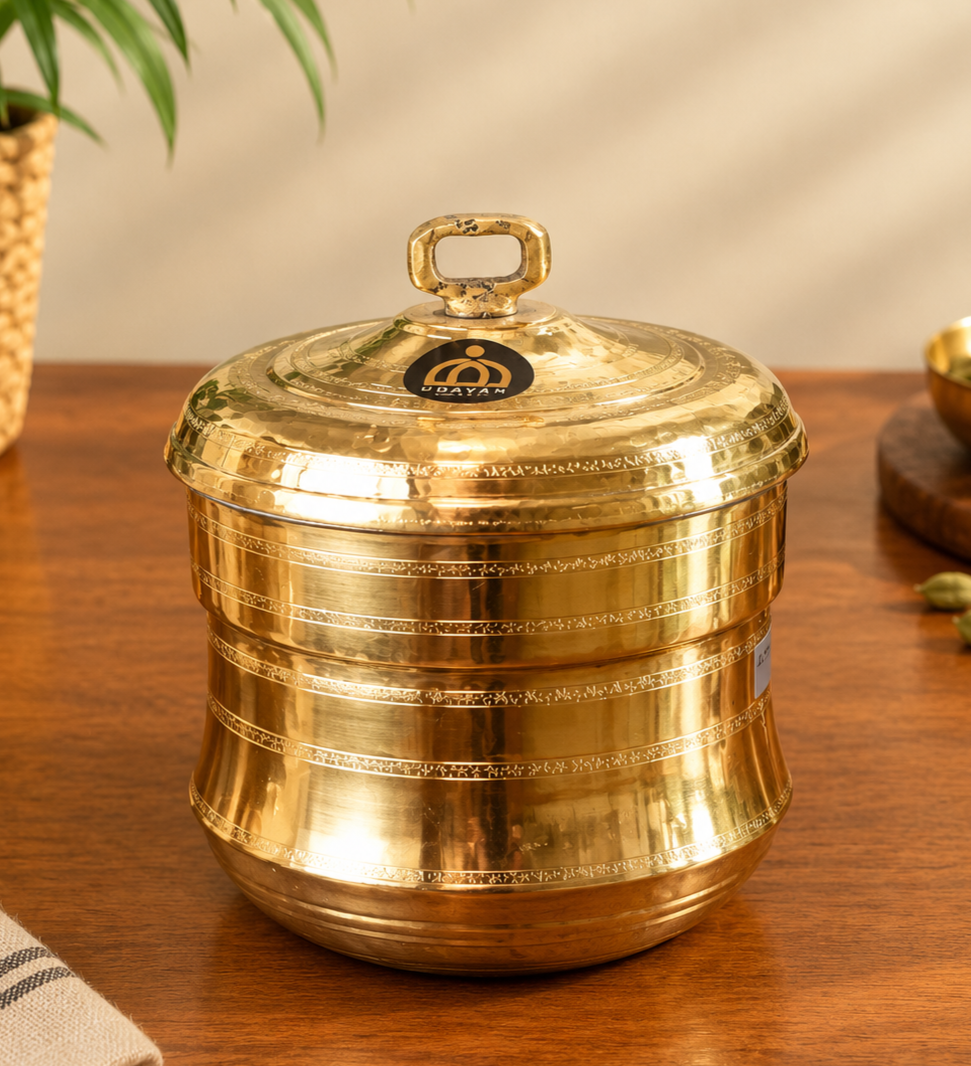 Traditional Brass Steamer – Polished Flat Mould Cooker for Authentic South Indian Cooking
