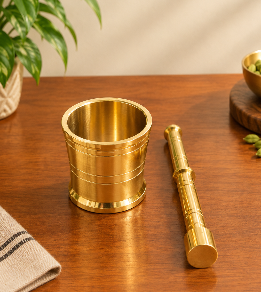 Pure Brass Mortar & Pestle Set | Spice Crusher, Ram Dasta, Okhli Masher for Kitchen & Ayurvedic Use