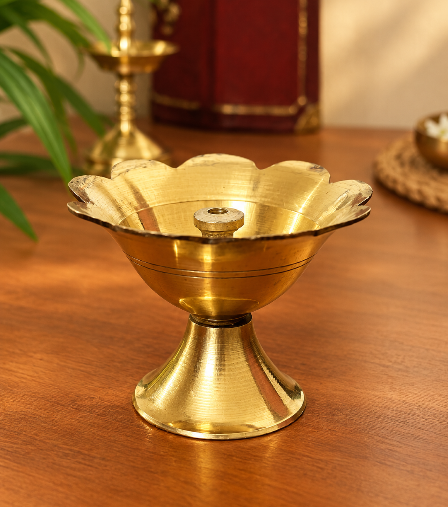 Brass Traditionally Designed Rounded Detachable Akhand Diya for Diwali and Pooja - Set of1