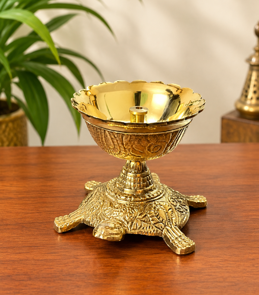 Brass Flower Diya with Turtle Base | Traditional Pooja Lamp