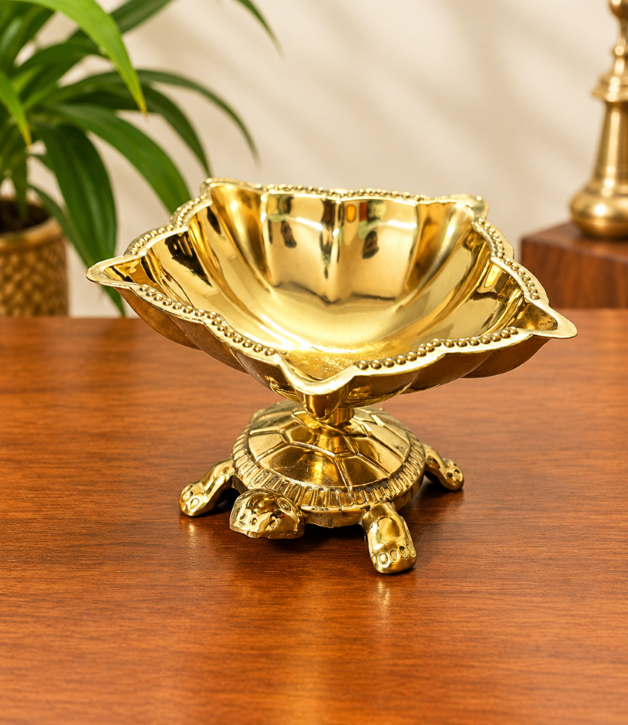 Brass Fancy Diya – Five Face With Turtle Base Pooja Lamp