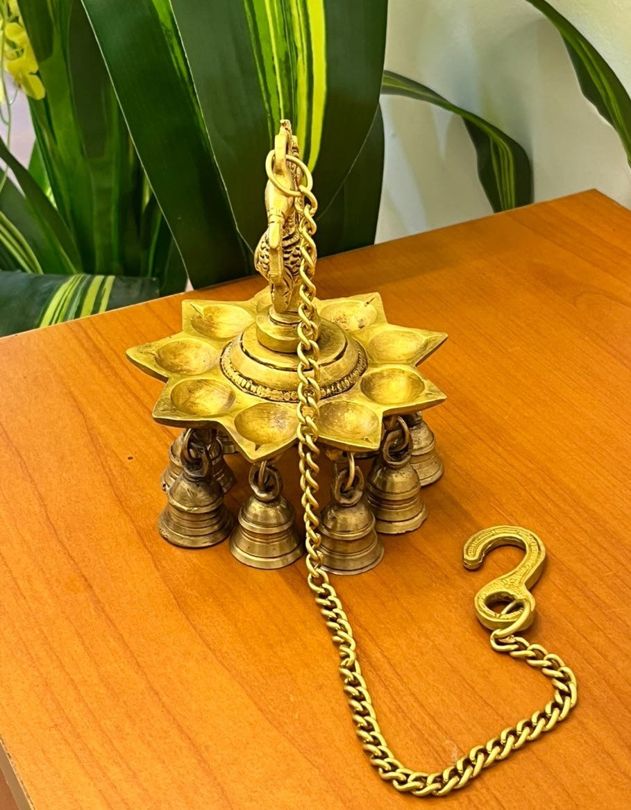 Brass Peacock Hanging Oil Lamp with Chain – 9 Wicks Diya