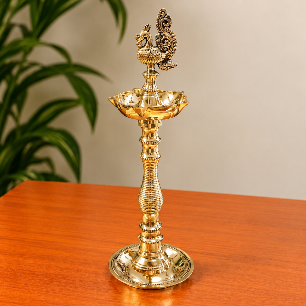 Five Wick Peacock Diya – Traditional Brass Oil Lamp for Pooja