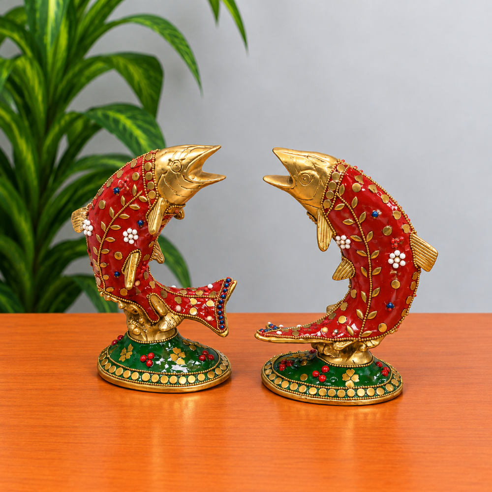 Brass Fish Figurines Pair with Enamel Design – Miniature Brass Décor