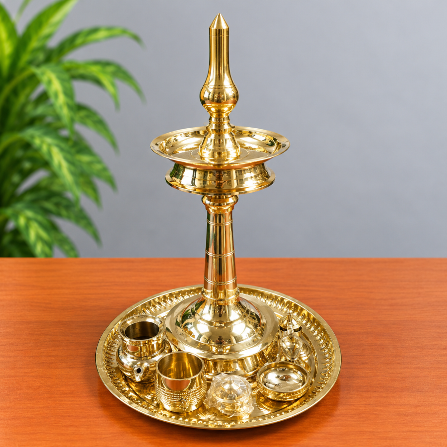 Brass Pooja Thali Set with 20 Inch Vilakku – Traditional Gift Set