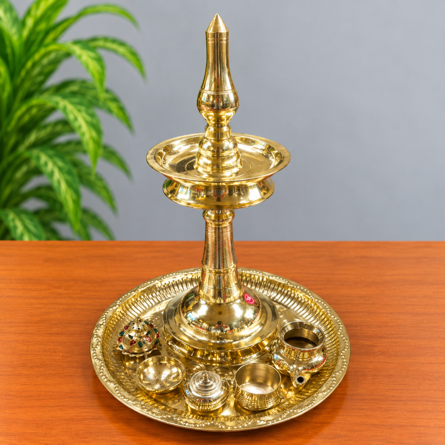Premium Pooja Thali Set with 14 Inch Vilakku for Wedding & Gifting