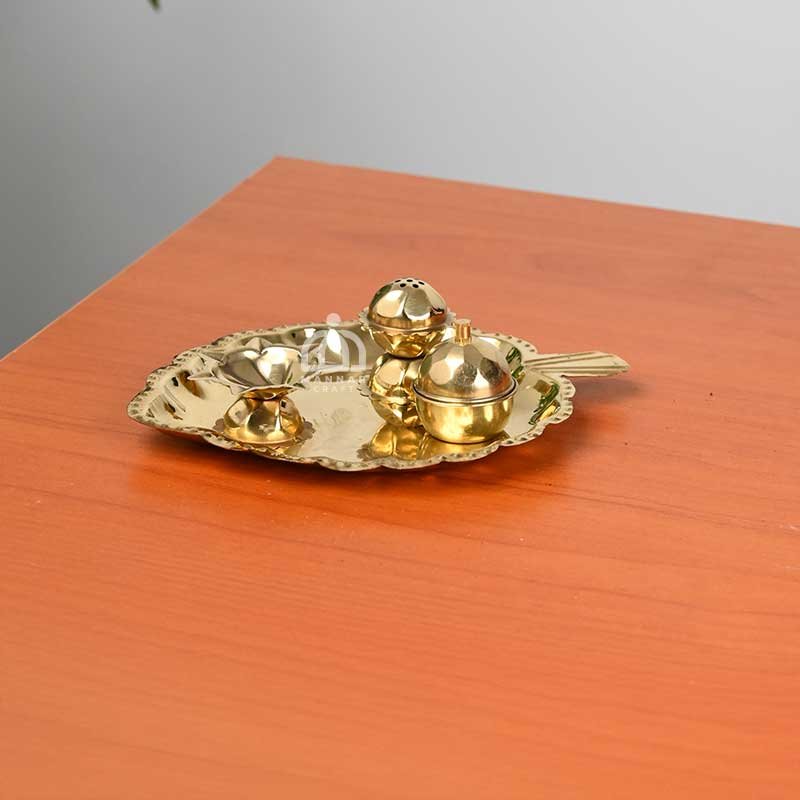 Brass Pooja Thali Set with Leaf-Shaped Base, Kumkum Box, Diya & Agarbatti Stand – Traditional Hindu Worship Plate for Pooja, Festivals & Home Decor