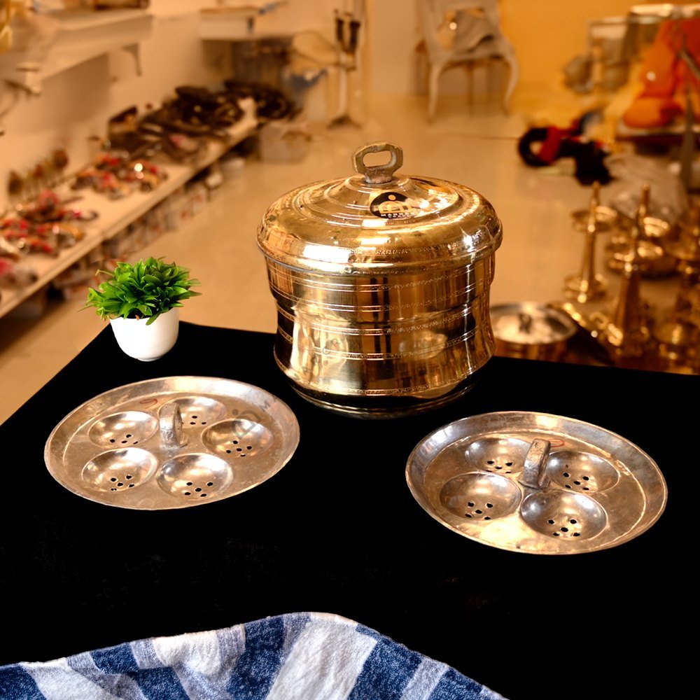 Traditional Brass Idli Steamer – 9 Mould Polished Brass Cooker for Authentic South Indian Idlis