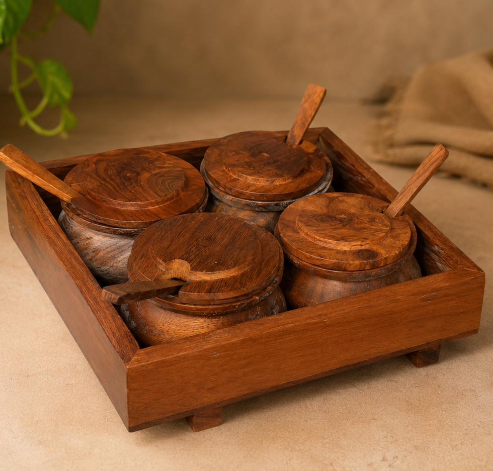 Wooden Square Tray with 4 Jars & Spoon Set for Kitchen Storage