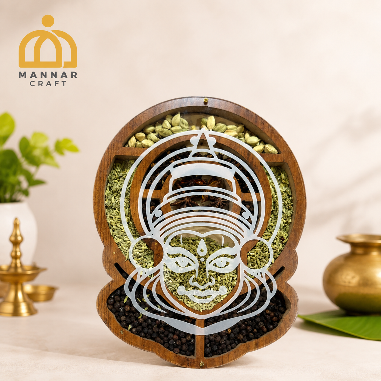 Kathakali Wooden Spice Box – Traditional Kerala Kitchen Décor