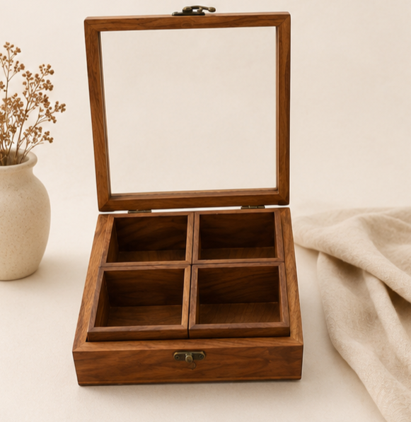 Wooden Spice Box 20x20 cm | 4 Portion Kitchen Masala Box