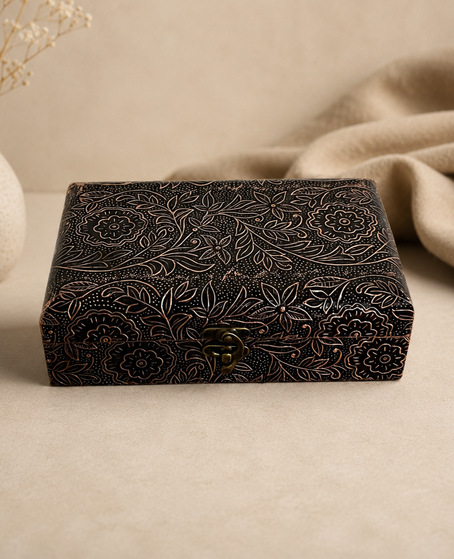 Vintage Floral Handcrafted Wooden Jewelry Box with Storage